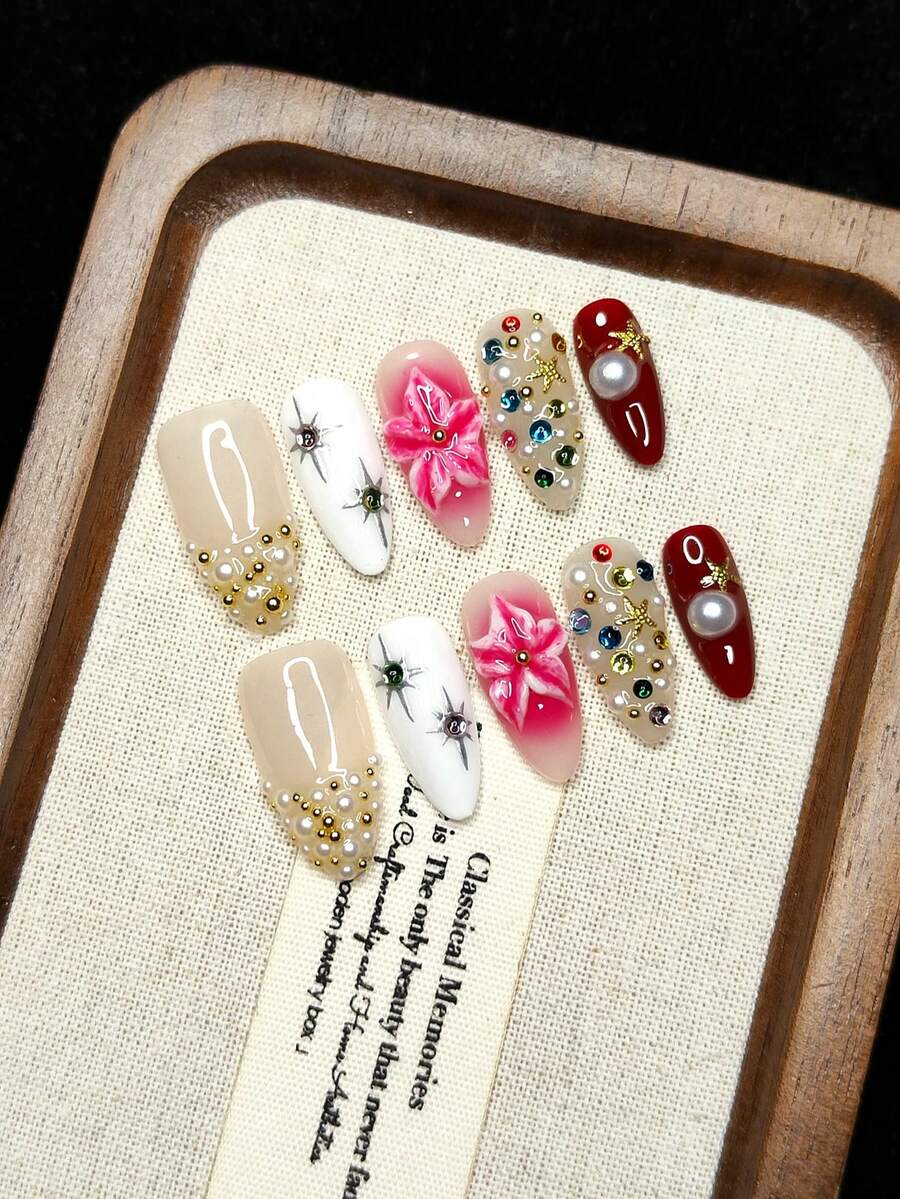 10pcs Handmade Wearable Nail Stickers, Press-On Fake Nails, Christmas & Halloween Gifts, Green, Red, Pink, Christmas Tree Shape, Star Pattern, Fashionable & High-End, Reusable, Essential Gift For Girls Handmade Press On Nails