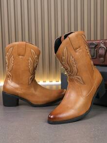 Botas vaqueras de media pantorrilla estilo retro americano occidental para hombres, botas de montar con tacón cuadrado estilizado y bordados