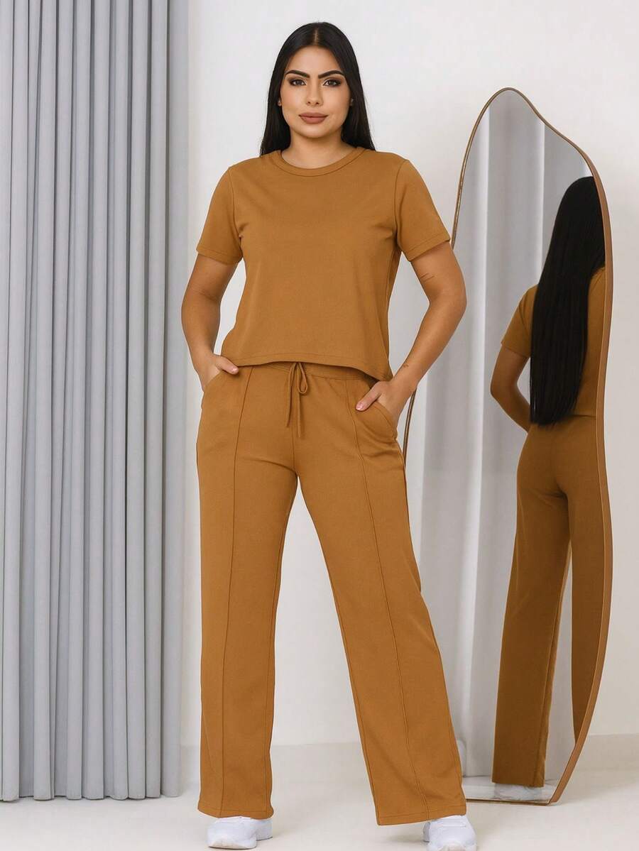 Women's Comfort Casual Sweatshirt Set - 駝色 - 查看 1