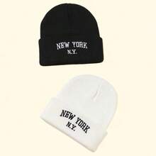 1pc NEW YORK N.Y Embroidered Solid Color Knit , Men And Women Wear It Soft & Comfortable, Minimalist & Fashionable, Suitable For Cold Weather Winter Warm