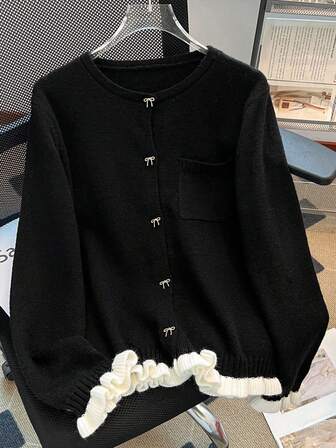 Plus Size Women Casual Cardigan With Bow Button, Color Block Patchwork, Pocket Design, Autumn/Winter