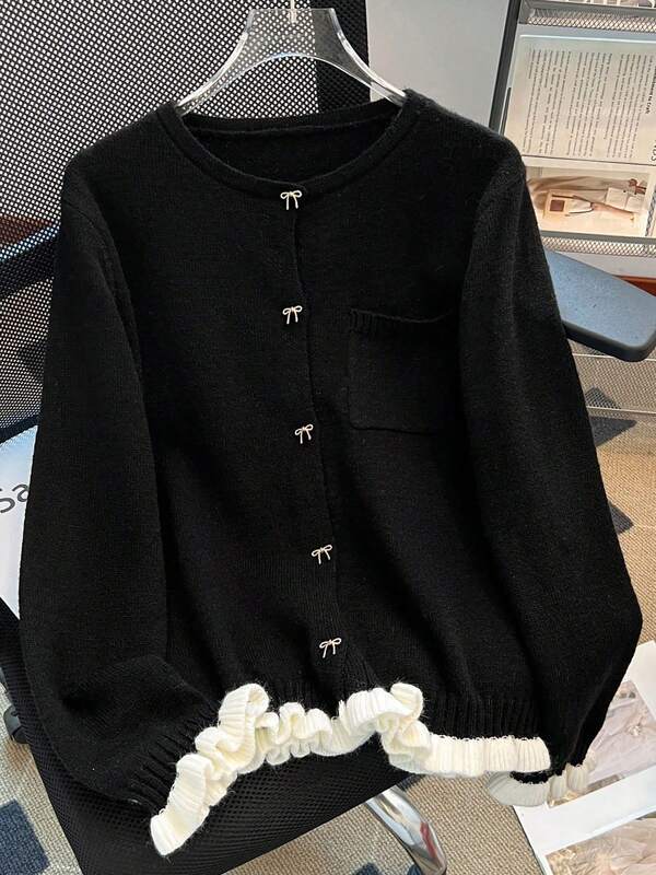 Cárdigan casual con lazo y botones para mujer talla grande, diseño de bloques de color y parches, con bolsillos, para otoño/invierno