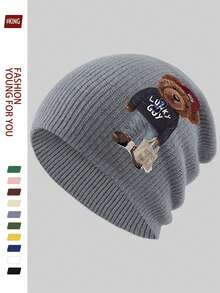 1pc Cartoon Red Hat Teddy Bear Print Fashionable Knitted Beanie Hat, Korean Style Versatile Knit Cap, Soft & Warm Casual Ski Hat, Unisex Autumn/Winter Accessory, Suitable For Skiing, Cycling, Running, Skateboarding, Fitness, Great Gift For Family And Friends On Birthday, Halloween, Christmas - A - View 3