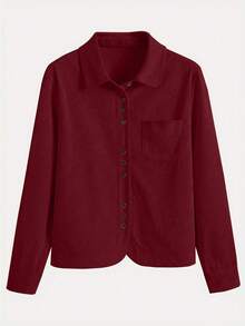 女士灯芯绒纽扣衬衫宽松休闲长袖时尚开衫外套 2025 秋季超大款衬衫上衣带口袋春季 - 酒紅色 - 查看 3