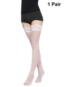 2双蕾丝边过膝袜，舒适 - 黑與白 - 查看 6