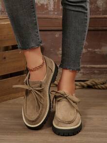 Women's Lace-Up Chunky Heel Flat Shoes, Retro Workwear Style, Versatile, Suit For Casual Wear, Spring/Autumn