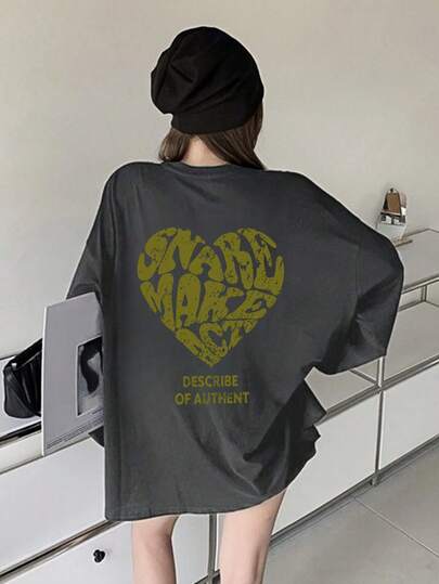 Heart Print Long Sleeve Round Neck T-Shirt, Casual Loose Fit Versatile Top For Women, Autumn