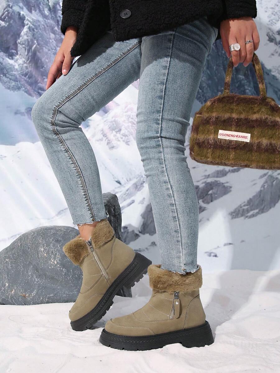 Damen Mode Stiefel, warme, rutschfeste Nieten Mittelschaft Schwarz/Braun Knöchel Stiefel, Schnürstiefel mit flachem Absatz, Damen Schneestiefel für den Winter