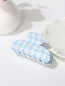 1pc Plaid Rhinestone Hair Claw Clip, Fresh Sweet Girly Floral Plaid Blue & Pink Stylish Hair Claw Hair Accessory, Minimalist Retro Vibe Hair Clip Winter Hair Clutch