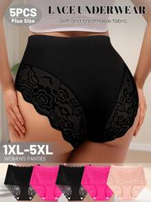 MEIYATING 5pcs/Pack Plus Size Women Lace Panties, High Waist Tummy Control, Floral Hollow Out Sexy Briefs - Multicolor - View 2