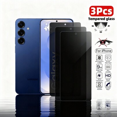 ثلاث قطع من زجاج الهاتف المقسى المضاد للتجسس بدون حواف سوداء، متوافق مع هواتف سلسلة سامسونج جالاكسي A16/A56/A10/S25/S24/S23. هذا الزجاج المقسى مصمم لحماية الخصوصية، ومنع الآخرين من التجسس على شاشة هاتفك. كما يُعرف أيضًا باسم زجاج الخصوصية المقسى، وفيلم الهاتف المضاد للتجسس، وفيلم واقي للشاشة المضاد للتجسس
