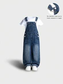 可调节肩带宽腿中性水洗蓝色牛仔背带裤，四季皆宜