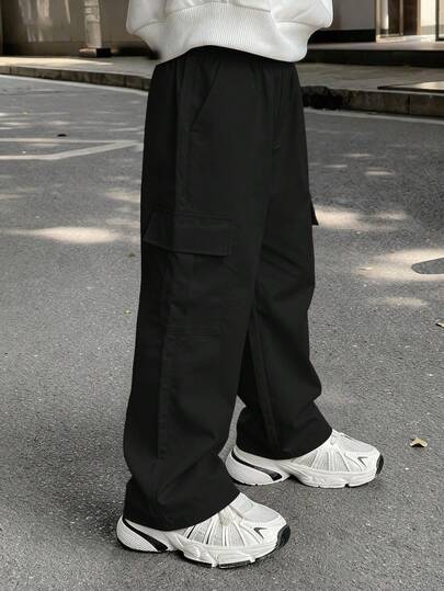 1 件男童休闲宽松直筒多口袋工装裤，适合 4-7 岁，适合居家、日常通勤、上学、户外活动、派对、街头，适合秋冬季