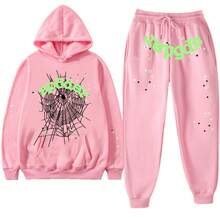 Spider Web 55555 Men's 2025 Graphic Letter Print Sweatshirt & Jogger Pants Set, Oversized Knit Sweater With Cuffed Hem, Casual Streetwear Tracksuit, Y2K Autumn Winter Loungewear - 粉紅色 - 查看 10