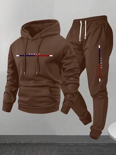 Men's Lightweight Regular Fit Hoodie And Sweatpants Set, Casual Outfit With Letter Print Pattern, Suitable For Spring/Autumn, Great For Outdoor Activities, Travel And Relaxation, Ideal Gift For Husband Or Boyfriend