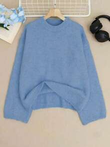 Senya 圆领长袖纯色简约针织衫，女士休闲通勤套头衫，柔软舒适宽松版型，新年、情人节时尚上衣 - 藍色 - 查看 4