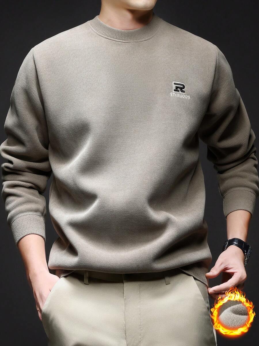 pull patchwork brodé pour hommes, pull épais doublé thermique pour l'hiver - Camel - Voir 1