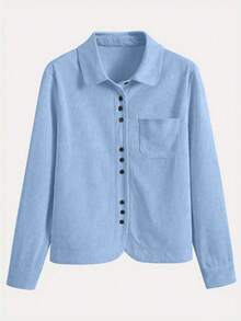 女士灯芯绒纽扣衬衫宽松休闲长袖时尚开衫外套 2025 秋季超大款衬衫上衣带口袋春季 - 淺藍色 - 查看 3