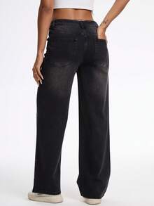 Wanduyini Shiny Gray Straight Leg Jeans For Women, Long Length, Suitable For Party Wear, With Buttons, Zipper, Pockets, Rhinestone Decor, Non-Stretch, Breathable - Black - View 7