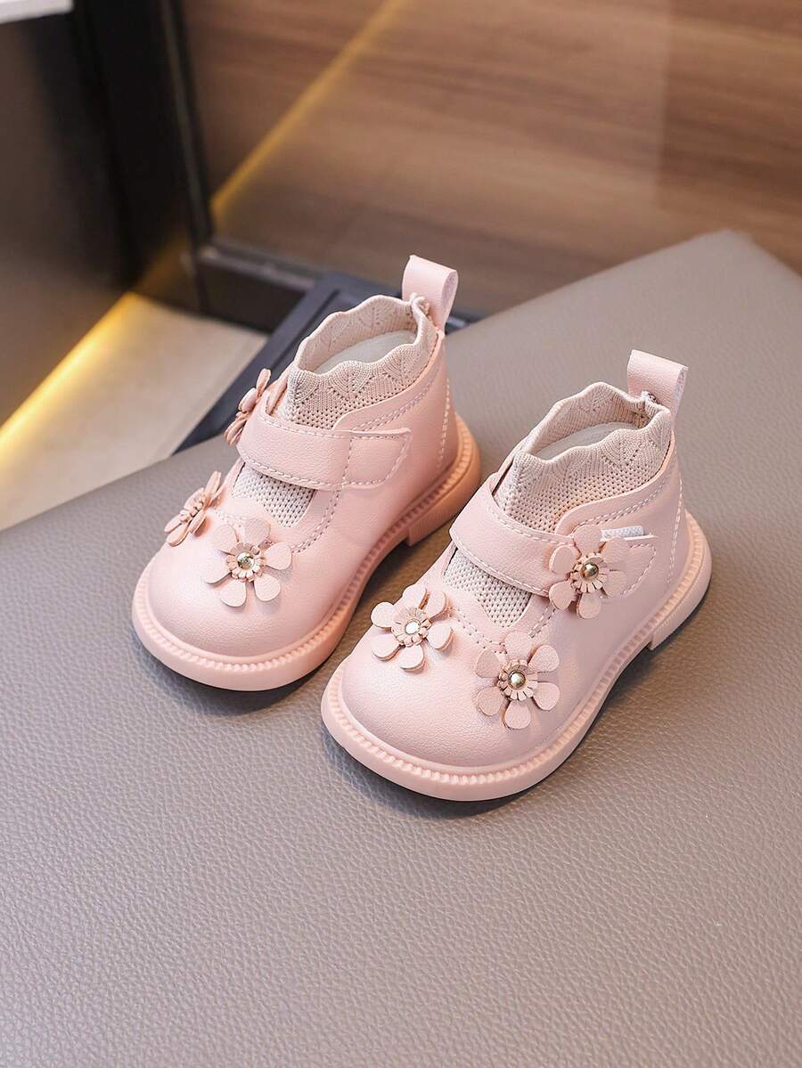 1 Pair Girls Flower Cute Baby Sock Boots, Leather Upper Anti-Slip Soft Sole Everyday Wear, Suitable For Autumn/Winter, Hook And Loop Design Toddler Booties - Pink - View 1