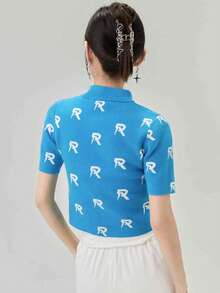 Áo croptop dệt kim in hoa Jacquard gợi cảm toàn thân mới dành cho nữ - Màu xanh lam - Xem 3