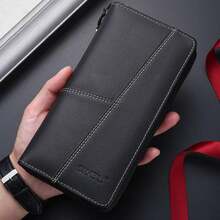 Carteras de Cuero para Hombres Diseño Largo Monederos Casuales Cartera con Cremallera para Hombre Porta Monedas y Tarjetas Bolsa de Dinero Delgada Estuche de Crédito de Alta Capacidad - Negro - Ver 1