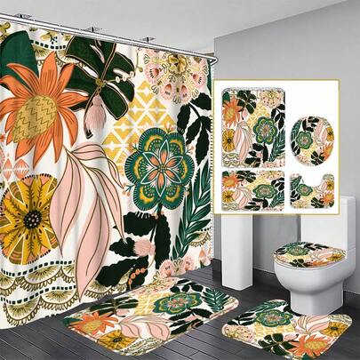 1/4pcs MitoVilla Boho Floral Shower Curtain, Tropical Leaf Pattern Fabric Shower Curtain, Create Unique Elegant Bathroom Decor, Modern Farmhouse Abstract Colorful Floral Shower Curtain