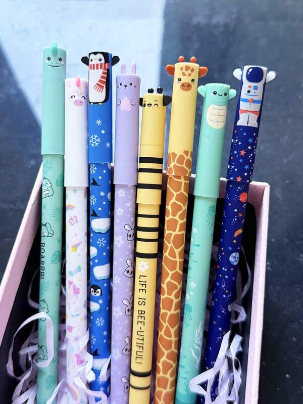 Caneta de gel apagável com estampa de animal, 1 peça, com tinta apagável sensível ao calor, 8 cores de tinta e suporte para caneta com estampa de animal, ponta de 0,5 mm, muito adequada para escritórios, escola, material de escritório, material escolar, presentes de Natal e aniversário, tinta lavável, presentes de Natal, tinta lavável