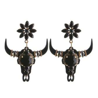 1pair Spooky Halloween Earrings For Women, Dark Academia Gothic Jewelry, Red & Black Glass Bull Horn Drop Earrings For Witch Vampire Costume Party