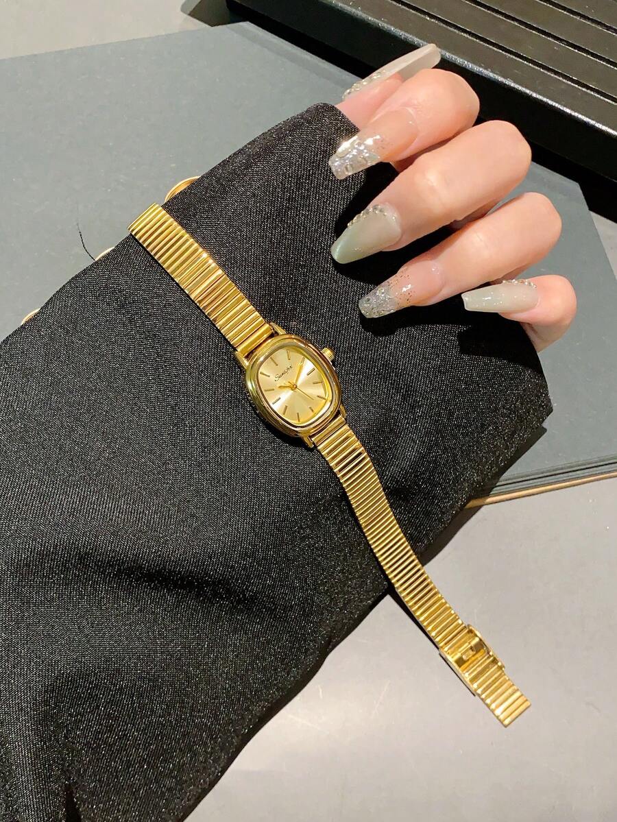 1pc Vintage Luxury Gold/Silver Color Petite Women Bracelet Watch, Fashionable Minimalist Elegant Quartz Watch, Suitable For Daily Wear, Birthday Gift - 金色 - 查看 1