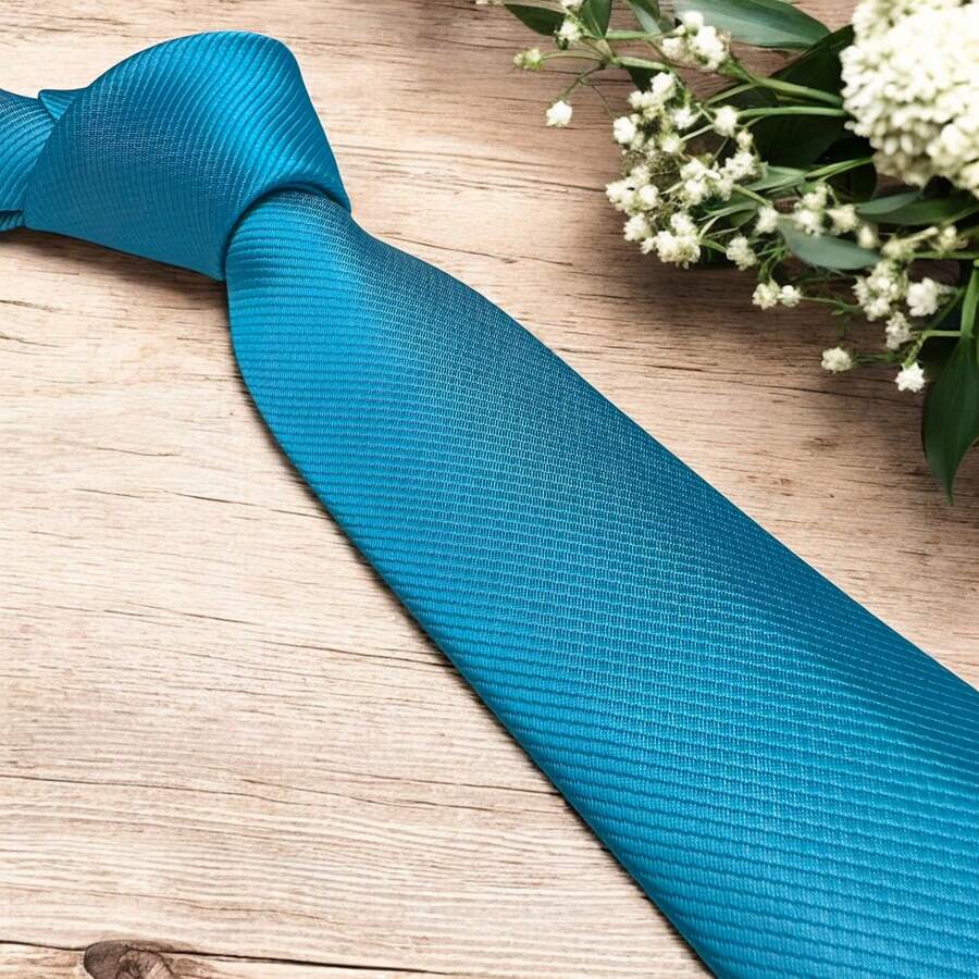 Solid Color Striped Men's Tie With Quality Texture, A Must-Have For Weddings, Business And Formal Occasions - Blue and White - View 1