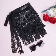 Sequin Belly Dance Scarf Tassel Wrap Sparkly Fringe Skirt With Pair Heart Party Rave Costume Women - 黑色 - 查看 6