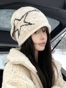 1 pièce Chapeau en laine étoilé, chapeau tricoté élégant et chaud, convenant à un usage quotidien, chapeau de protection des oreilles, chapeau pour froid