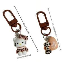 Sanrio 6个三丽鸥Hello Kitty豹纹钥匙扣，甜美咖啡棕色设计，适合挂在钥匙/背包上，可爱礼物，背包装饰，送给她的礼物