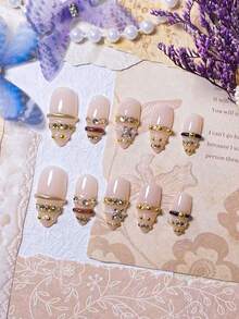 10 Handmade Almond-Shaped Press-On Nails: Gold 3D Lines, Mirror Powder & Crystal Chain Accents – High-End, Sexy & Luxe