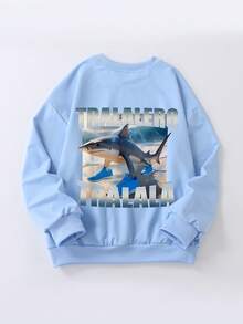 Tween Boys Casual Ocean Style Shark Pattern Round Neck Long Sleeve Sweatshirt Autumn And Winter Student Boys Clothes