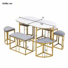 Moderne Essgruppe für 6 Personen - Praktisches Set mit Tisch & Hockern | Stabiles Stahlgestell in Weiß & Gold, 140x70x76 cm | Inkl. 4 kleine & 2 große Hocker, Belastbar 120 kg