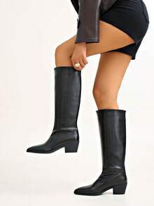 女士冬季及膝靴，黑色靴子，棕色靴子，秋季靴子，优雅女士靴子，尖头粗跟高筒靴，简单百搭英伦风格靴子 - 黑色 - 查看 4