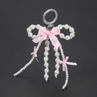 1 pieza Llavero con lazo a cuadros y perla falsa, accesorio para mochila, colgante único para funda de teléfono con cuentas, diseño minimalista de lazo