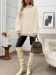 Plus Size Casual Crew Neck Striped Contrast Color Knit Pullover Sweater White - White - View 3