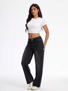 Wanduyini Shiny Gray Straight Leg Jeans For Women, Long Length, Suitable For Party Wear, With Buttons, Zipper, Pockets, Rhinestone Decor, Non-Stretch, Breathable - Black - View 5