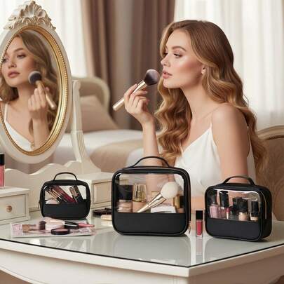 3件套透明化妆包收纳包，旅行洗漱包，女士便携式化妆护肤包，车载收纳包，带拉链，可收纳必备品，缝线风格化妆包，化妆袋，洗漱包，旅行必备，邮轮必备，度假必备，男女通用，旅行收纳盒，节日必备，女士礼物