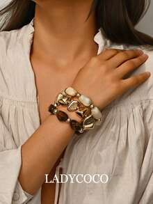 3pcs Vintage Multi-Layer Brown Acrylic Beaded Bracelet, Transformable Gold Chip Bracelet, For Women, Couples, Party, Daily Wear - 三件式手鍊 W - 查看 2