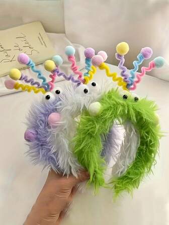 1个彩色可爱毛绒大眼扭结发箍，柔软的头饰，带有蓬松的绒球和彩色触角，适合洗脸、化妆、日常和派对造型，生日派对装饰，理想的礼物，趣味设计，柔软质地，发箍发圈，女士发带发饰