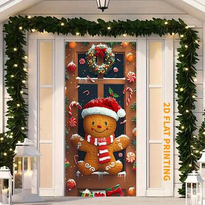 Cubierta de puerta de Navidad plana en 2D de poliéster: Decoración de hombre de jengibre