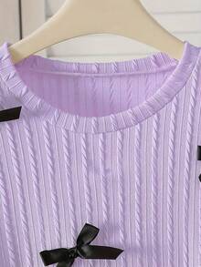 少女服装，时尚可爱精致蝴蝶结上衣搭配半身裙套装，休闲优雅时尚 - 适合春秋季穿着。 - 紫色 - 查看 3