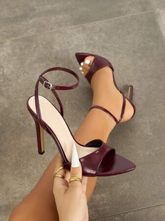 Jin Bei Qi 女士高跟鞋，神秘漆皮纹理，尖头，性感细高跟鞋，适合春夏夜店、高端派对、户外时装展，可调节踝带，酒红色女士凉鞋，适合度假、派对、婚礼、新娘、优雅礼服搭配