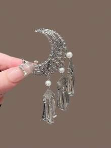 2pcs Crescent Moon Tassel Hair Clips, Alligator Hair Clips For Bangs & Side Hair, Hair Accessories, Claw Clips, Hair Slide, Hair Barrettes, Head Accessories - Silver - View 4
