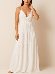 Long V-Neck Dress With Thin Straps And A Tie At The Back - 白色 - 查看 6