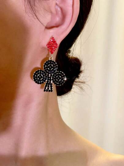 1 Pair European & American Classic Versatile Fashion Rhinestone Inlaid Cartoon Black & Red Playing Card Earrings